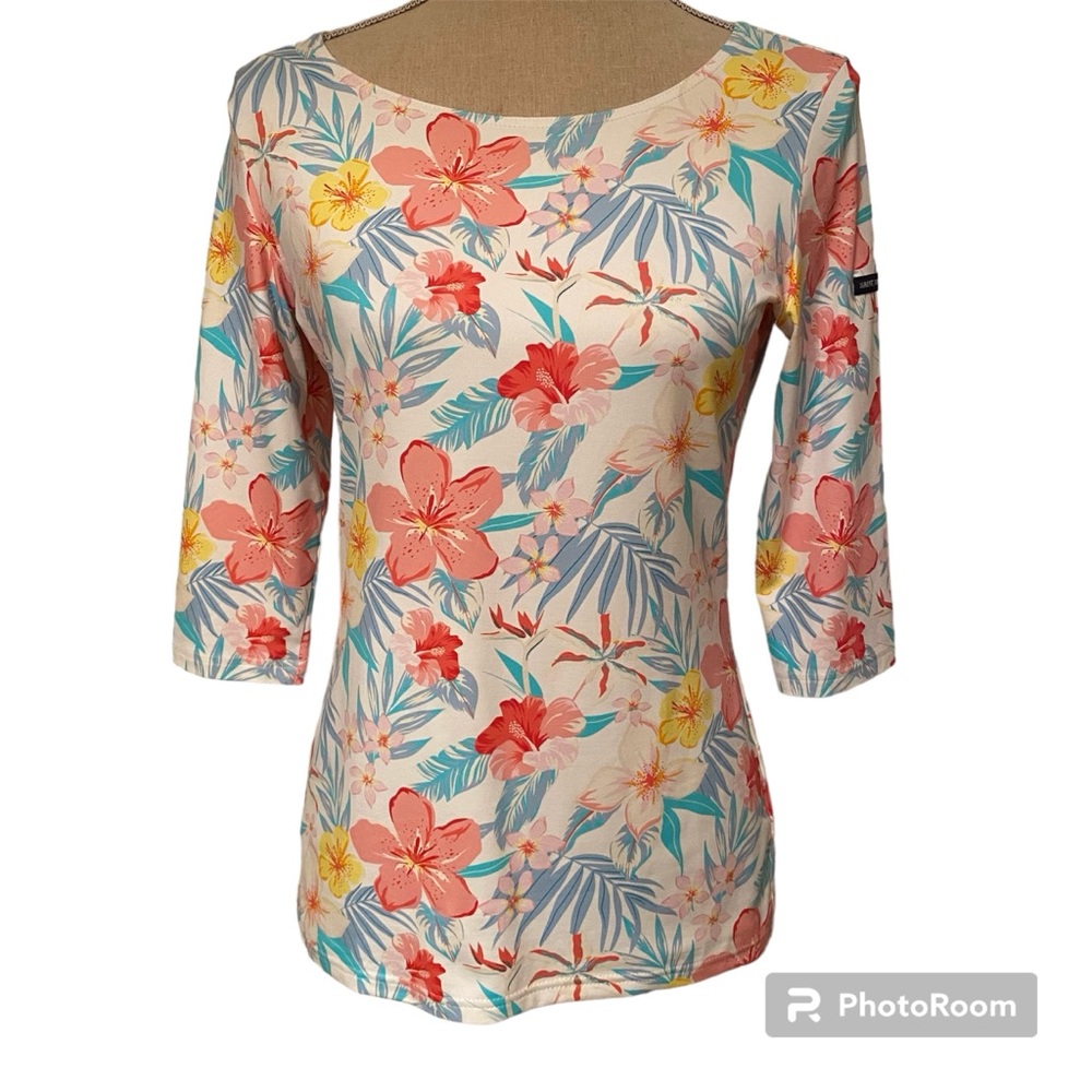 SAINT JAMES TOP TEE 3/4 SLEEVE BOAT NECK WHITE BLUE PINK FLORAL SIZE 8